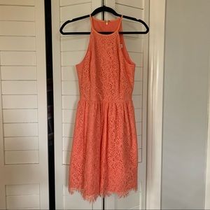 Trina Turk Orange/peach lace high neck dress. Size 0